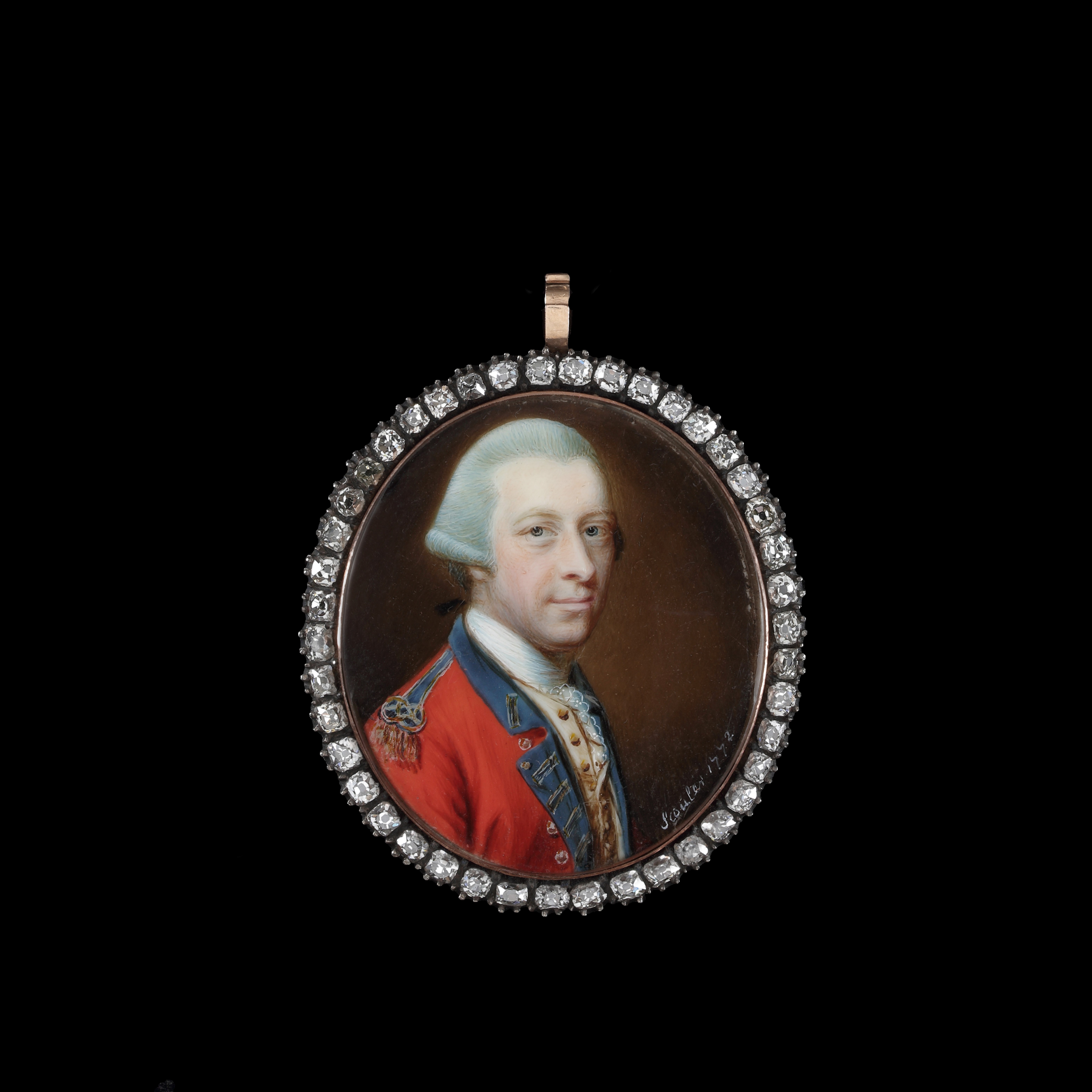 Portrait miniature of an officer, wearing a red uniform with blue facings, with a powdered bag wig